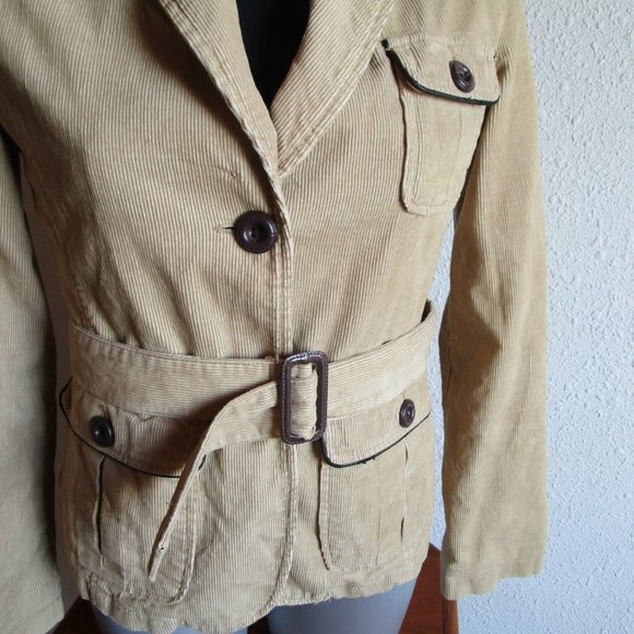 Tan corduroy jacket, light coat, Merona XS, with two buttons, belt and pockets - Picture 4 of 14